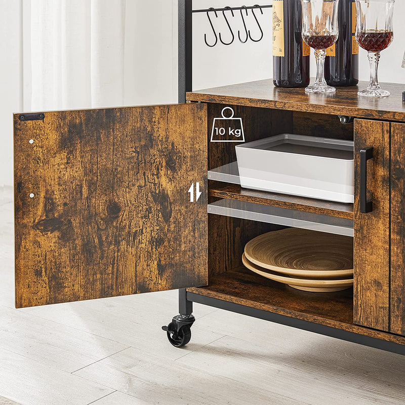 serveerwagen, keukenkast met deuren, keukentrolley, 8 haken, voor eetkamer, woonkamer, keuken, vintage bruin-zwart LSC093B01