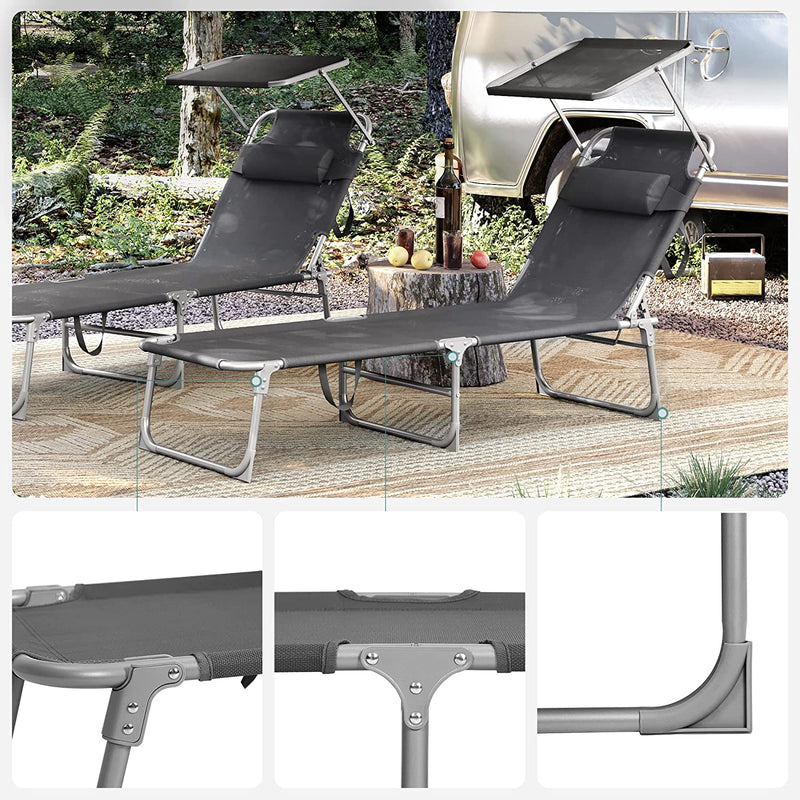 Ligstoel, ligstoel, tuinligstoel, met hoofdsteun en zonnedak, rugleuning verstelbaar, licht, inklapbaar, 53 x 193 x 29,5 cm, tot 150 kg belastbaar, tuin, balkon, donkergrijs GCB19UV1