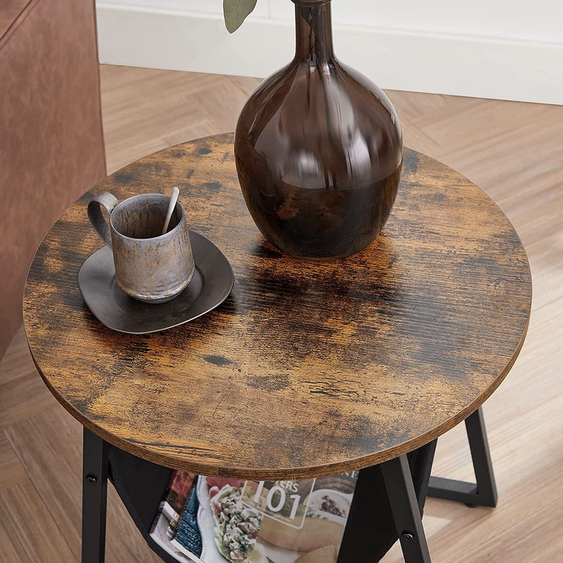 bijzettafel, ronde salontafel met opbergtas, voor woonkamer, slaapkamer, industrieel ontwerp, vintage bruin-zwart LET281B01