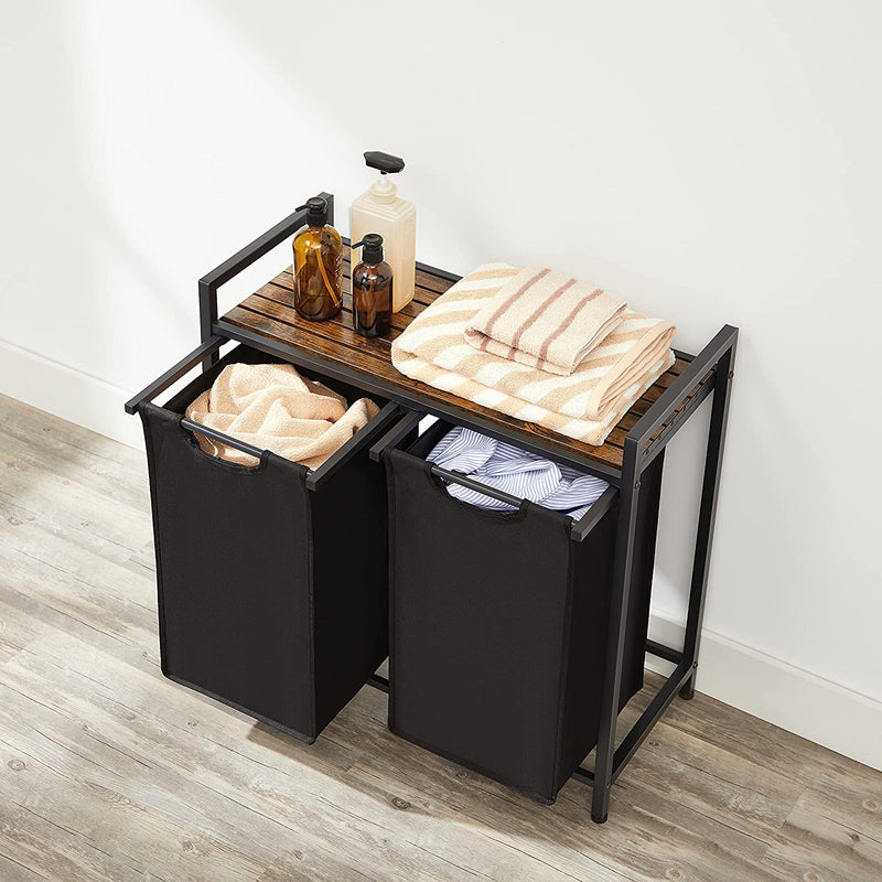 wasmand, wassorteerder met plank en uittrekbare zakken, wasorganizer, metalen frame, 2 Oxford-stoffen afneembare zakken, rustieke bruin en zwart