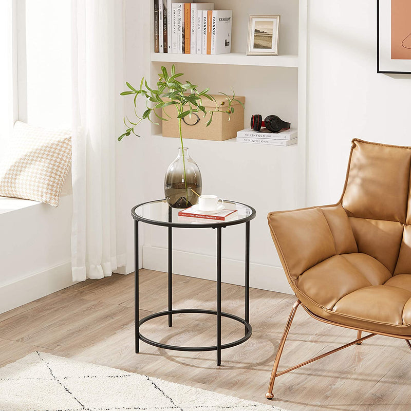 Bijzettafel rond, kleine salontafel, glazen tafel met metalen frame, nachtkastje, sofatafel, balkon, gehard glas, zwart LGT020B01