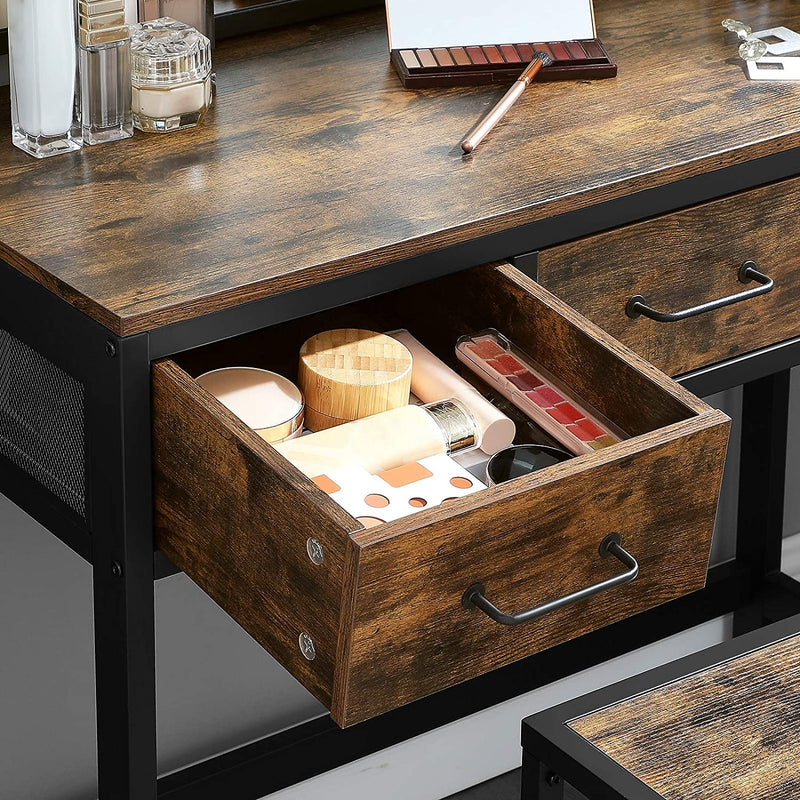 Kaptafel met kruk, Dressing Table met 3-delige klapspiegel en 3 lades, stalen frame, vintage bruin-zwart RVT02BX