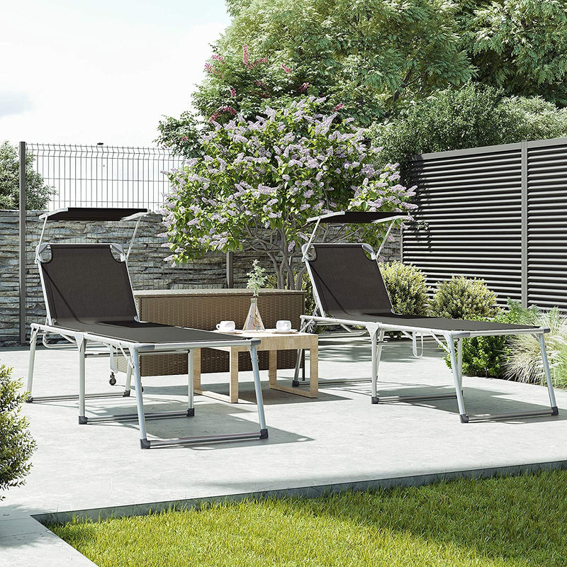 Ligstoel, ligstoel, tuinligstoel, extra groot, 65 x 200 x 48 cm, tot 150 kg belastbaar, met zonnedak, rugleuning verstelbaar, inklapbaar, tuin, balkon, terras, zwart GCB26BK