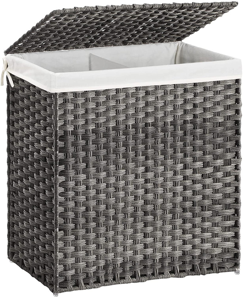 Wasmand, handgevlochten, wasmand van synthetisch rotan, met deksel en handgrepen, wassorteerder, opvouwbaar, waszak uitneembaar, grijs LCB52WG