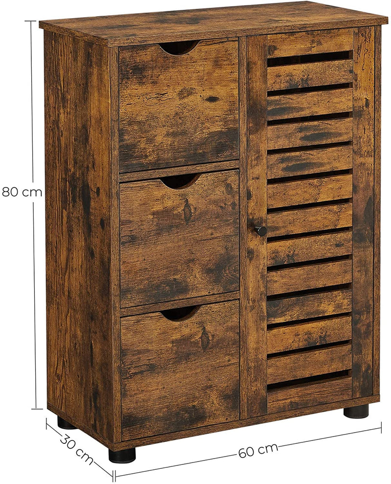 badkamerkast, dressoir, opbergkast, 3 laden, 2 verstelbare planken achter de deur, badkamermeubel, badkamer, woonkamer, keuken, gang, vintage bruin BBK143X01