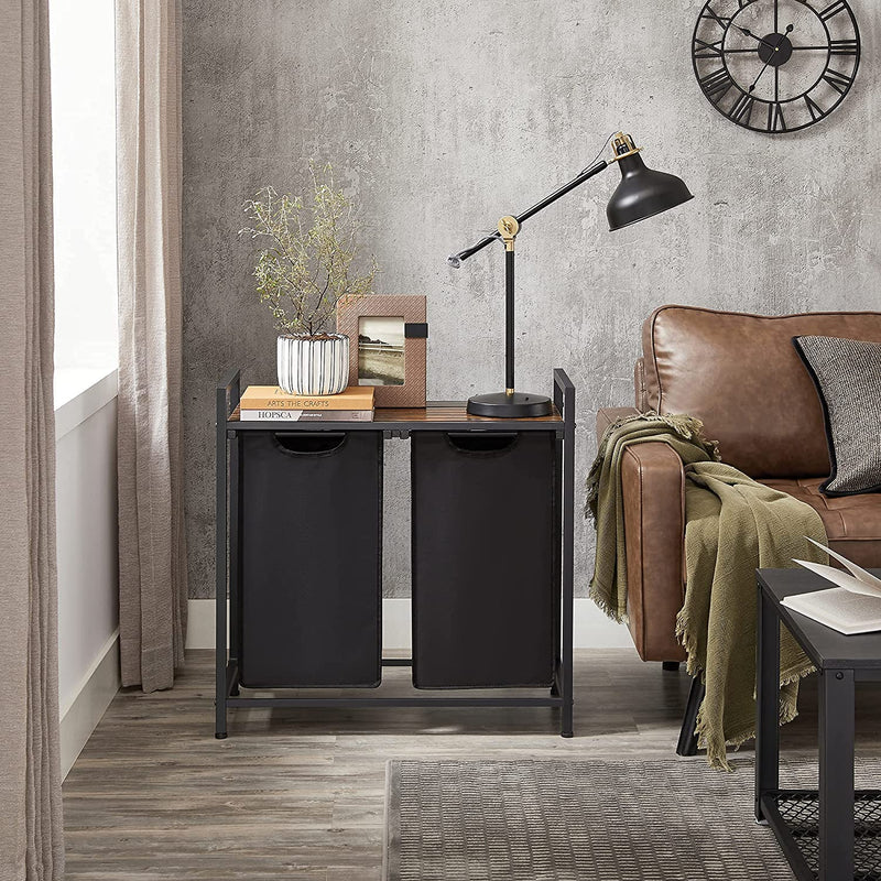 wasmand, wassorteerder met plank en uittrekbare zakken, wasorganizer, metalen frame, 2 Oxford-stoffen afneembare zakken, rustieke bruin en zwart