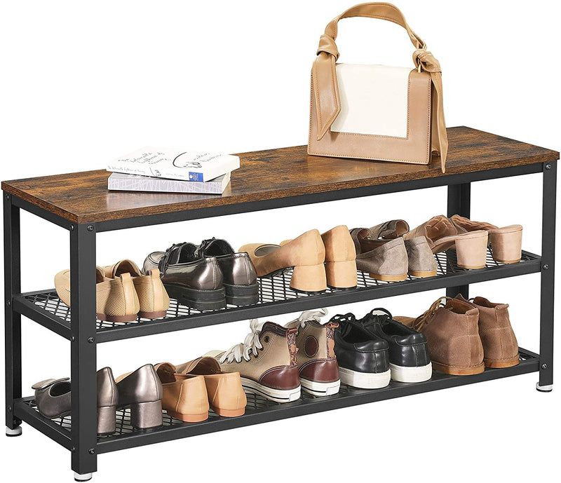 Schoenenbank, schoenenrek met 2 planken, opslag voor schoenen, 100 x 30 x 45 cm, voor entree, hal, woonkamer, metalen frame, industrieel design, vintage bruin-zwart LBS078B01