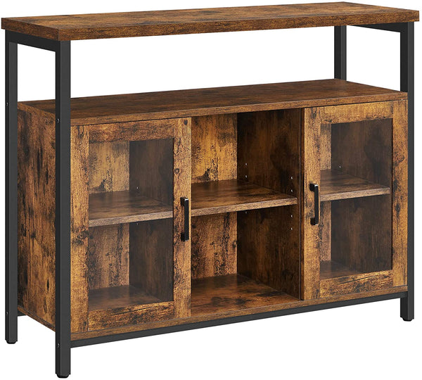 Dressoir, keukenkast, opbergkast met 2 transparante glazen deuren, verstelbare planken, voor keuken, eetkamer, 100 x 35 x 80 cm, industriële stijl, vintage bruin-zwart LSC095B01