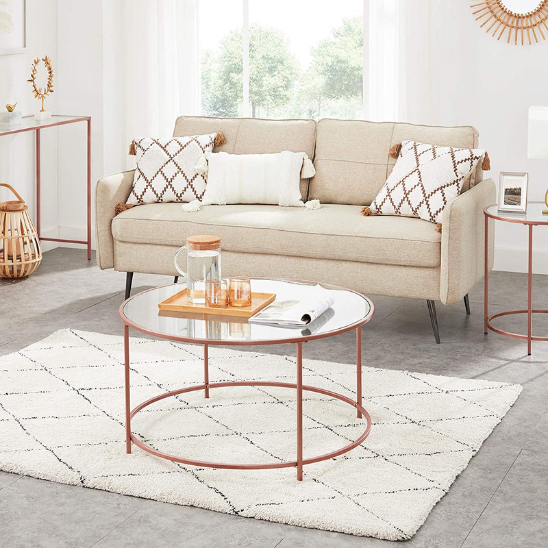 Bijzettafel Rond, Salontafel, Glazen Tafel met Metalen Frame, Gehard Glas, Nachtkastje, Sofa Tafel, voor Balkon, Rose Goud LGT021A02