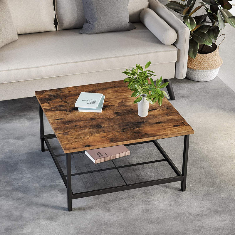Salontafel, salontafel, gemaakt van staal, met rasterplank, vierkant, industrieel ontwerp, voor woonkamer, vintage bruin-zwart LCT065B01
