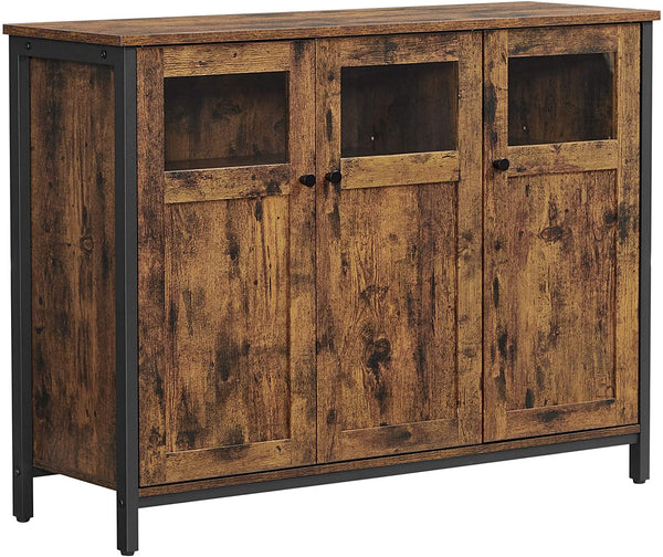 Sideboard, keukenkast, opbergkast, met glazen deuren, voor woonkamer, keuken, eetkamer, stalen frame, industriële stijl, vintage bruin-zwart LSC099B01