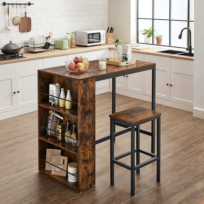 bartafel met schap, bartafel, keukentafel, 3 open schappen, eettafel, aanrecht, voor keuken, eetkamer, 110 x 60 x 100 cm, industrieel ontwerp, vintage bruin-zwart LBT016B01