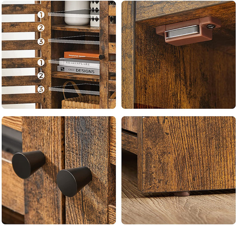 Dressoir, keukenkast met 2 lamellendeuren, verstelbare legplank, vrijstaand, 3 open vakken, voor eetkamer, 100 x 35 x 75 cm, vintage bruin LBF004X01