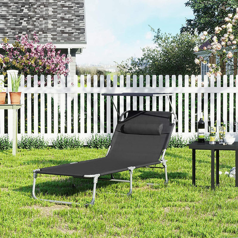 ligstoel, ligstoel, tuinstoel, extra groot, 71 x 200 x 38 cm, belastbaar tot 150 kg, met hoofdsteun en luifel, verstelbare rugleuning, opklapbaar, tuin, zwart GCB22BK