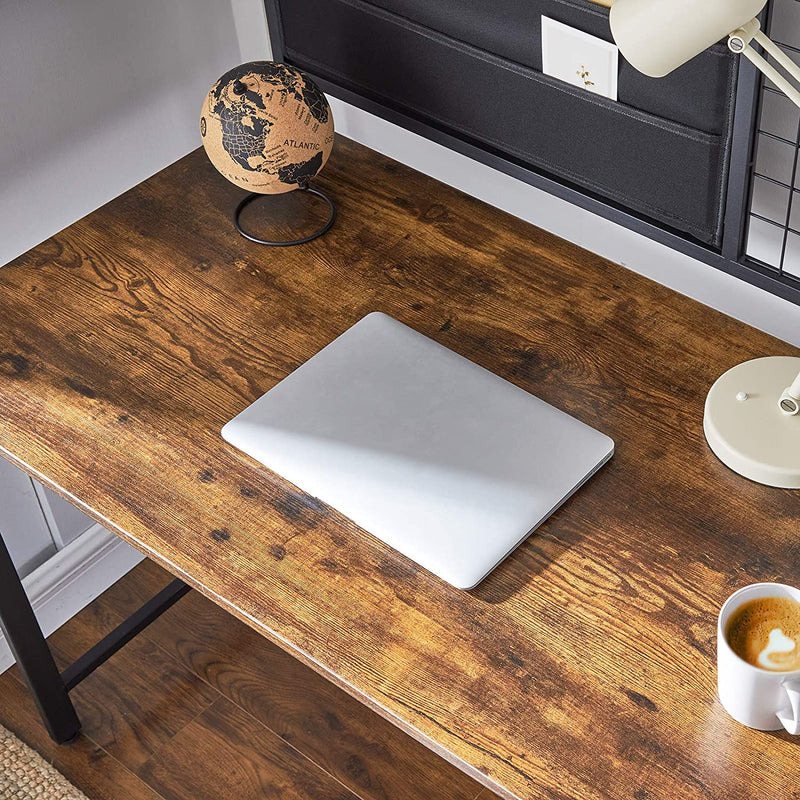 Computertafel, bureau, met raster en opbergvakken van stof, stalen frame, 118 cm lang, bruin-zwart LWD068B01