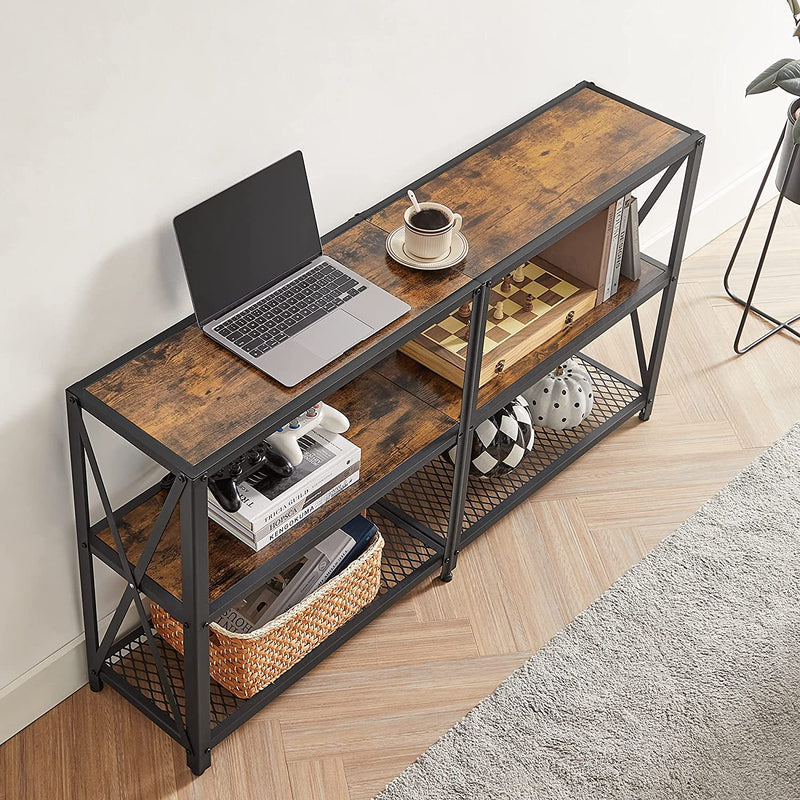 Consoletafel, smalle gangtafel met 3 niveaus, open planken, sofastafel, 140 x 30 x 75 cm, metalen frame, bijzettafel, industrieel design, woonkamer, hal, vintage bruin-zwart LNT071B01