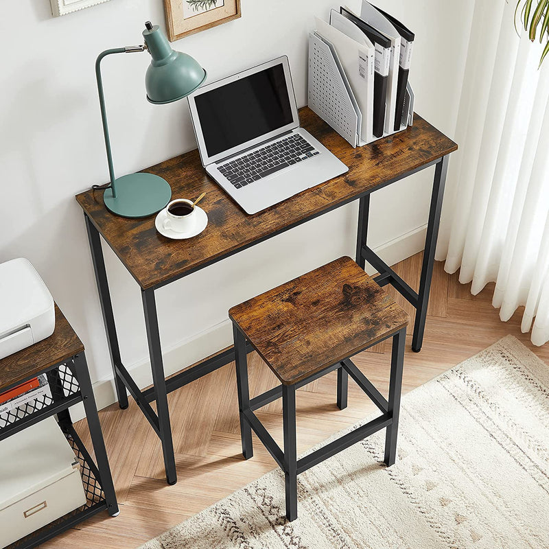 bartafelset, hoge tafel (100 x 40 x 90 cm) met 2 barkrukken (elk 30 x 40 x 65 cm), metalen frame, industrieel ontwerp, voor eetkamer, woonkamer, vintage bruin-zwart LBT218B01