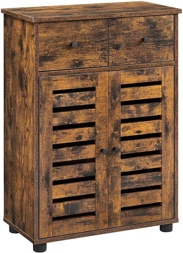 dressoir, badkamerkast met lade, badkamermeubel, 2 lamellaire deuren, opbergkast, verstelbare plank, voor badkamer, slaapkamer, woonkamer, vintage bruin BBK141X01