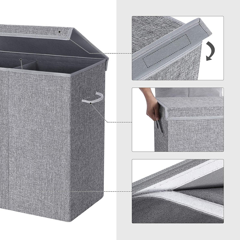 wasmand, imitatielinnen wasmand, wassorteermachine, waskist met aparte compartimenten, magnetisch deksel en handvatten, opvouwbaar, waszak afneembaar, grijs LCB02G