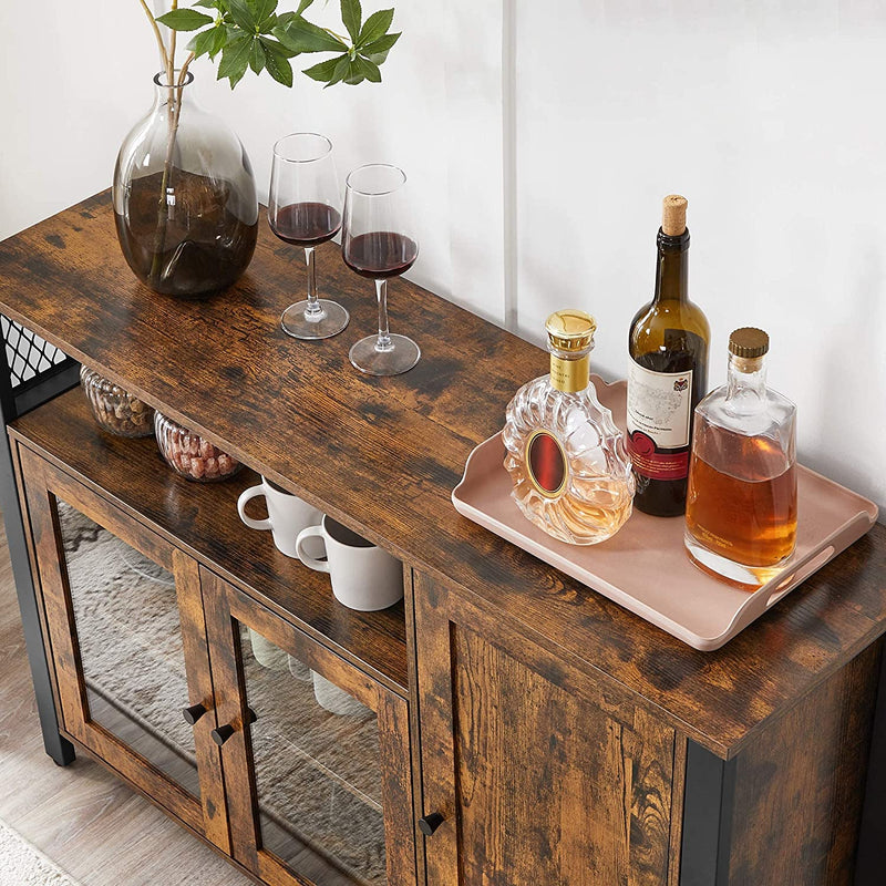 Sideboard, keukenkast, opbergkast, met 3 deuren, voor woonkamer, keuken, eetkamer, 110 x 33 x 75 cm, industriële stijl, vintage-bruin-zwart LSC096B01