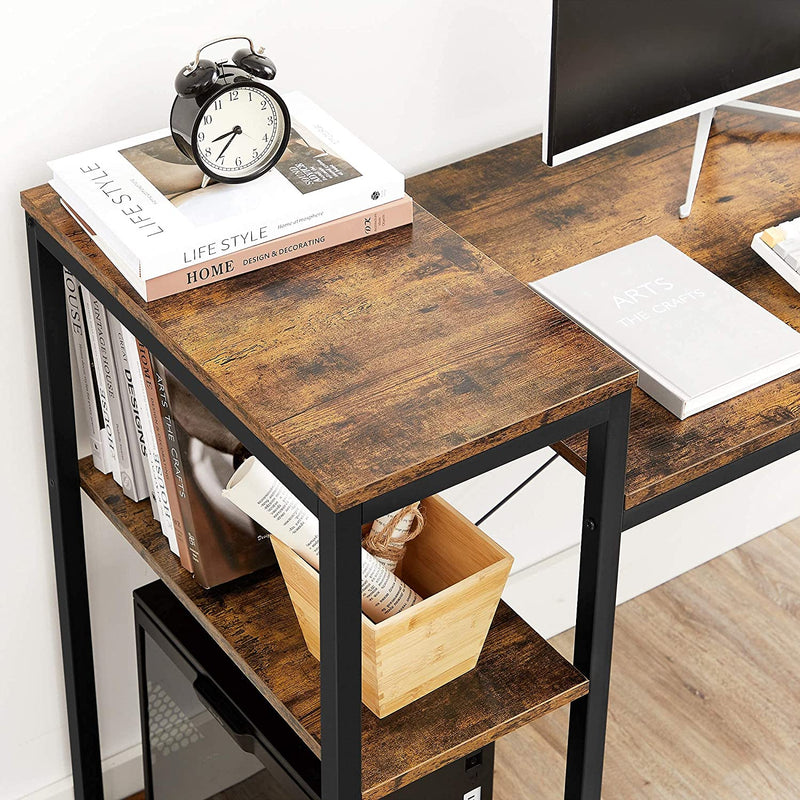 Bureau, computerbureau met legbord, verstelbaar legbord, met zijvak, 130 x 55 x 90 cm, industrieel ontwerp, vintage bruin-zwart LWD088B01