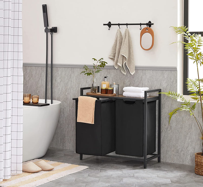 wasmand, wassorteerder met plank en uittrekbare zakken, wasorganizer, metalen frame, 2 Oxford-stoffen afneembare zakken, rustieke bruin en zwart