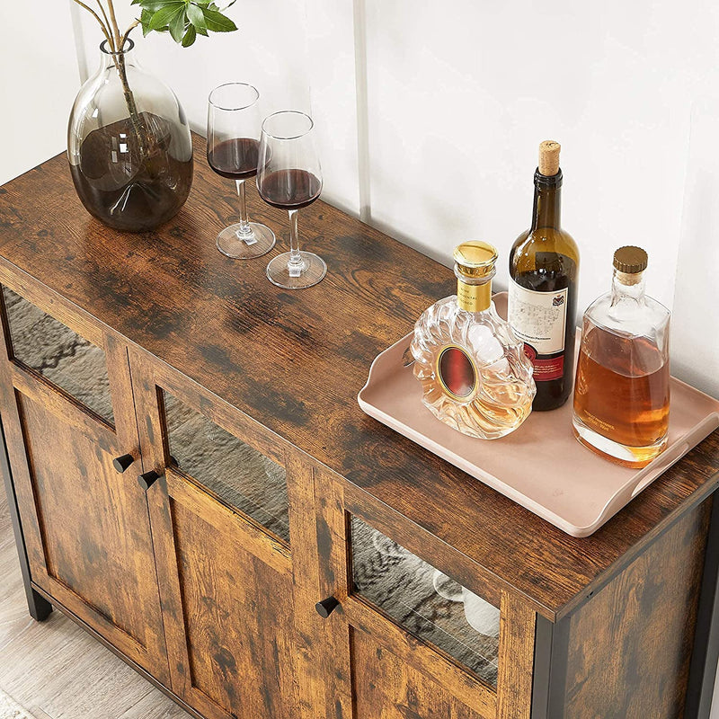 Sideboard, keukenkast, opbergkast, met glazen deuren, voor woonkamer, keuken, eetkamer, stalen frame, industriële stijl, vintage bruin-zwart LSC099B01