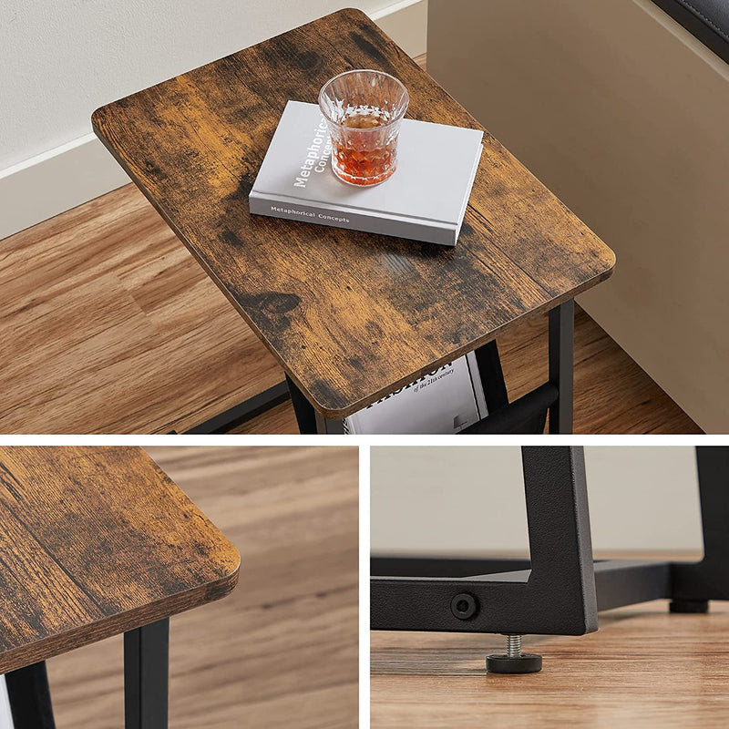 bijzettafel, C-vormige salontafel, laptoptafel met stoffen tas, voor woonkamer, slaapkamer, industrieel ontwerp, vintage bruin-zwart LET351B01