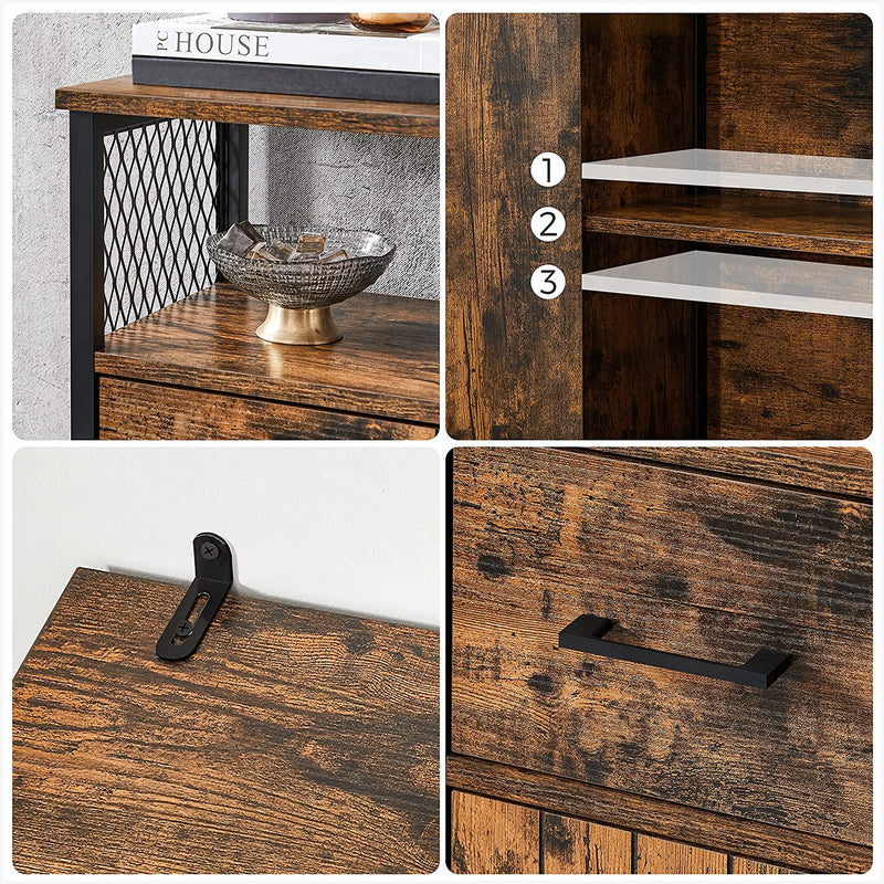 Badkamerkast, dressoir, opbergkast, verstelbare plank, stalen frame, voor woonkamer, keuken, industriële stijl, vintage bruin-zwart LSC261B01